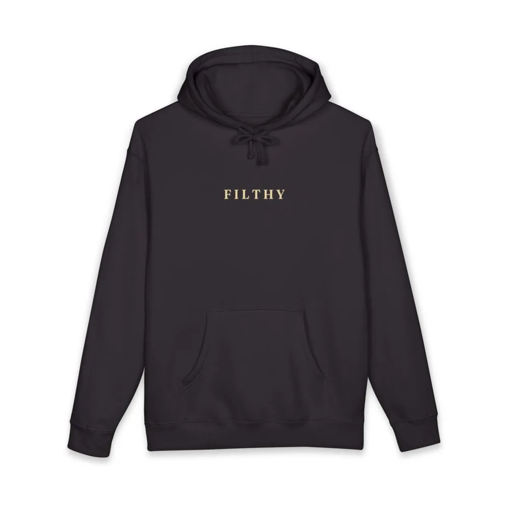 Black FILTHY hoodie, front, small champagne wordmark on the chest