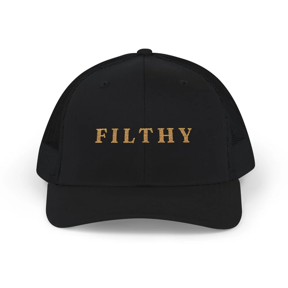 Black FILTHY trucker cap with the wordmark embroidered in brass thread